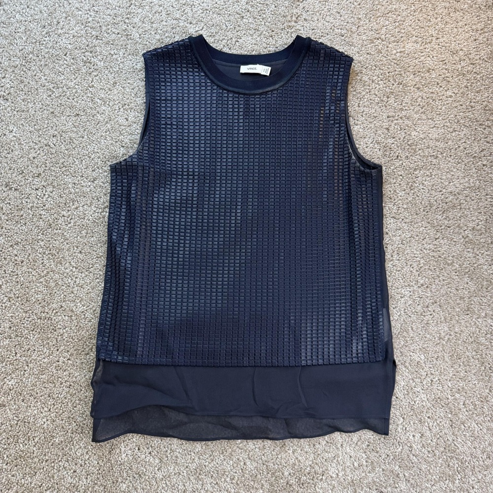 Vince Tunic Tank Top Womens XXS Blue Textured Mesh Silk Lined Sheer Hem